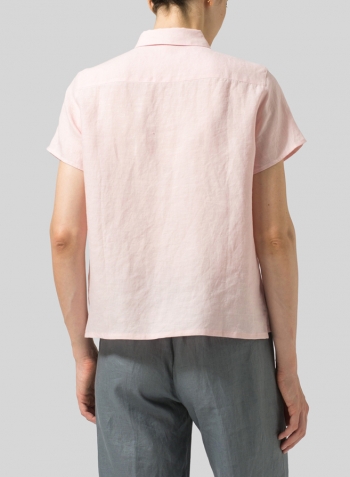 Baby Pink Linen Short Sleeve Mini-point Collar Shirt