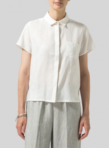 White Linen Short Sleeve Mini-point Collar Shirt