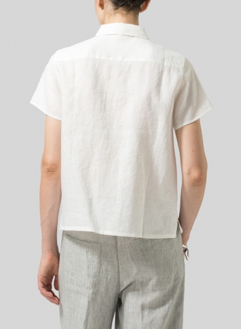 White Linen Short Sleeve Mini-point Collar Shirt