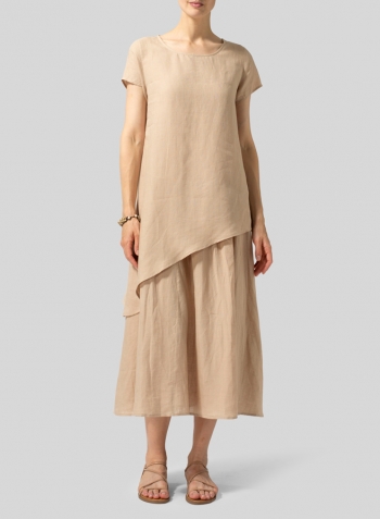 Burlywood Linen Double Layers Flowy Long Dress