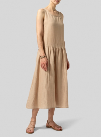 Burlywood Linen Double Layers Flowy Long Dress