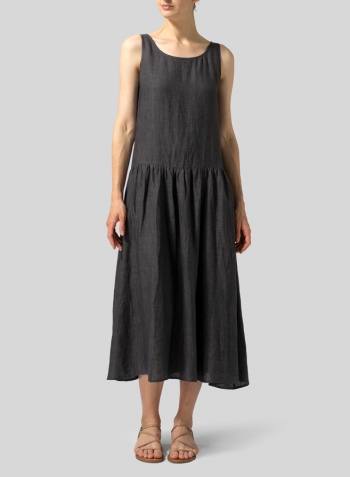 Charcoal Gray Linen Double Layers Flowy Long Dress