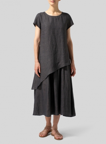 Charcoal Gray Linen Double Layers Flowy Long Dress