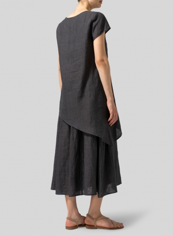 Charcoal Gray Linen Double Layers Flowy Long Dress