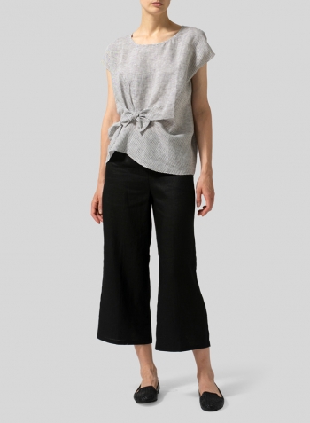 Black Weave Linen Waist Self-tied Ribbon Top