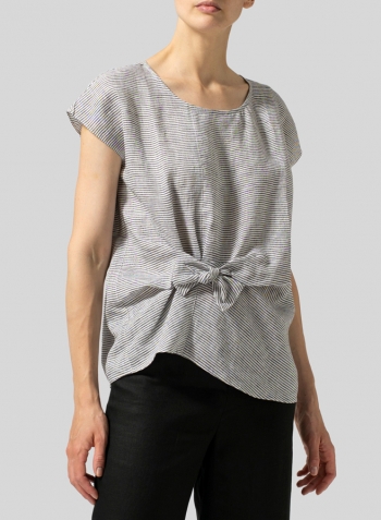 Black Weave Linen Waist Self-tied Ribbon Top