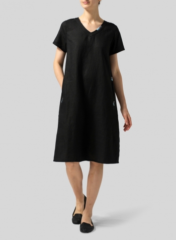 Black Heavy Linen Short-Sleeve Heart-Neck Dress