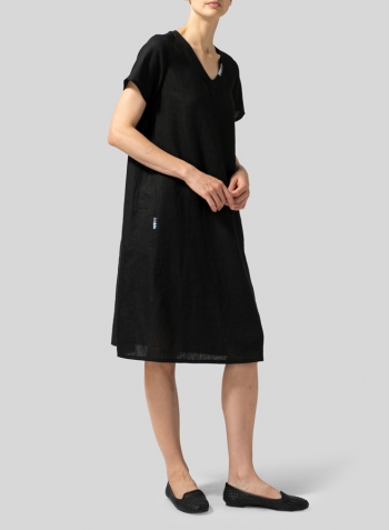 Black Heavy Linen Short-Sleeve Heart-Neck Dress