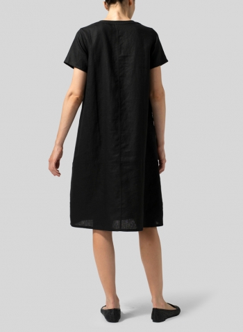 Black Heavy Linen Short-Sleeve Heart-Neck Dress
