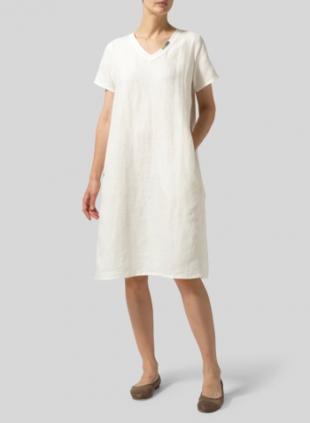 Cream White Heavy Linen Short-Sleeve Heart-Neck Dress