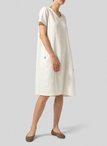 Cream White Heavy Linen Short-Sleeve Heart-Neck Dress