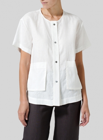 White Linen Patch Pockets Blouse