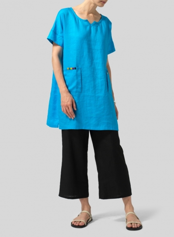 Azure Blue Linen Sweetheart Neckline Tunics