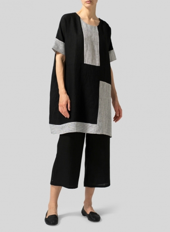 Black Stripe Linen Oversize Patchwork Tunic