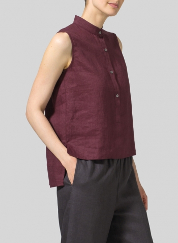 Plum Linen Mandarin Collar Vest Set