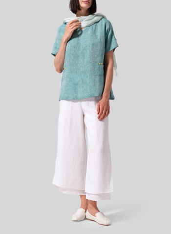 Two Tone Green Linen Sweetheart Neckline Short Sleeve Top Set