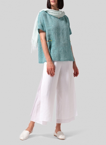 Two Tone Green Linen Sweetheart Neckline Short Sleeve Top Set