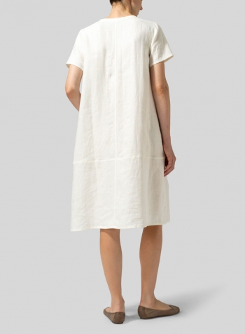 Cream White Heavy Linen Short-Sleeve Heart-Neck Dress