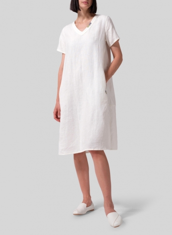 Cream White Heavy Linen Short-Sleeve Heart-Neck Dress