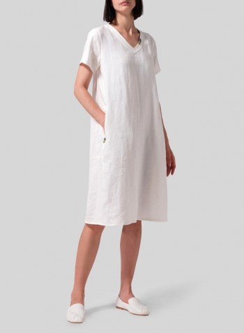 Cream White Heavy Linen Short-Sleeve Heart-Neck Dress