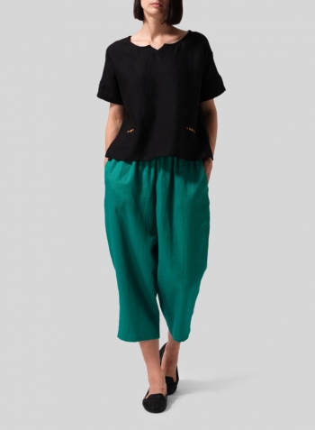 Black Linen Boxy Fit Embroidery Pocket Top Set