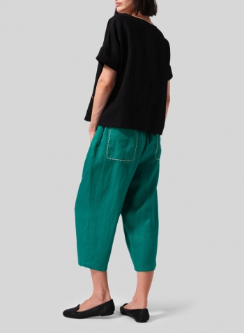 Black Linen Boxy Fit Embroidery Pocket Top Set