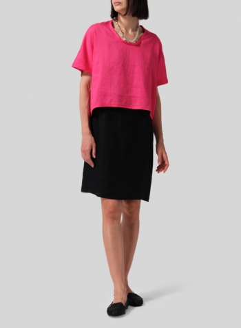 Hot Pink Twill Linen Classic Dropped Shoulder Top Set