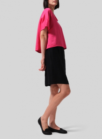 Hot Pink Twill Linen Classic Dropped Shoulder Top Set