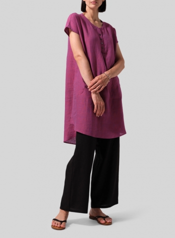 Two Tone Purple Linen Split Neck Long Tunics Set