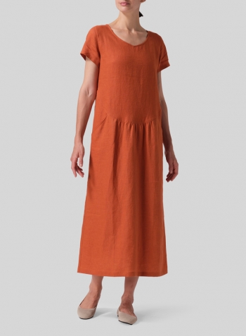 Rust Orange Linen Short Sleeve Dress