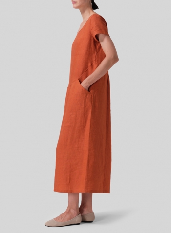 Rust Orange Linen Short Sleeve Dress