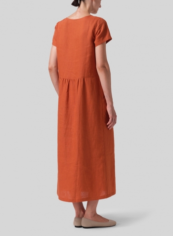 Rust Orange Linen Short Sleeve Dress