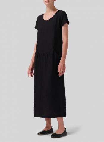 Black Brown Linen Short Sleeve Dress