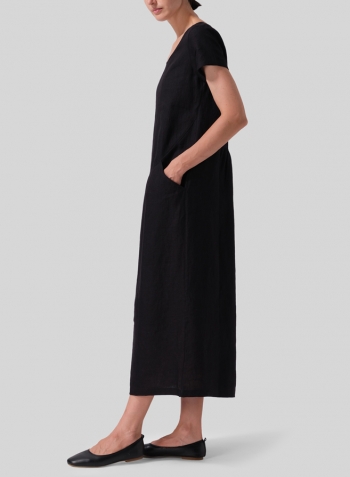 Black Brown Linen Short Sleeve Dress