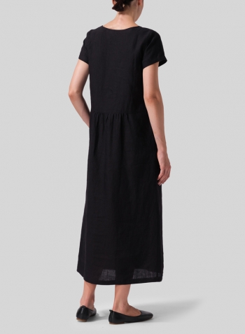 Black Brown Linen Short Sleeve Dress