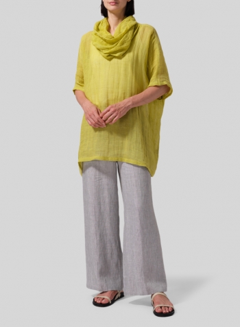 Yellow Linen Cowl Neck Raglan Sleeves Top Set