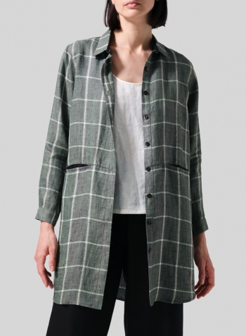 Green Plaid Linen Contrast Collar Shirt Jacket