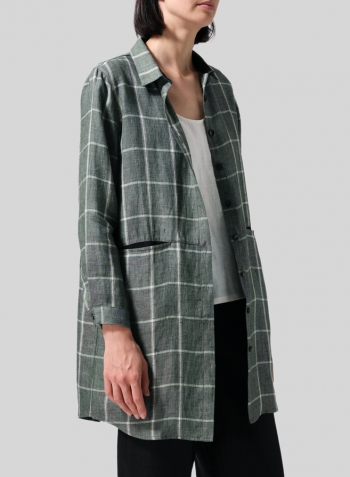 Green Plaid Linen Contrast Collar Shirt Jacket