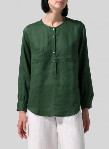 Grass Green Linen Round Neck Long Sleeve Shirt