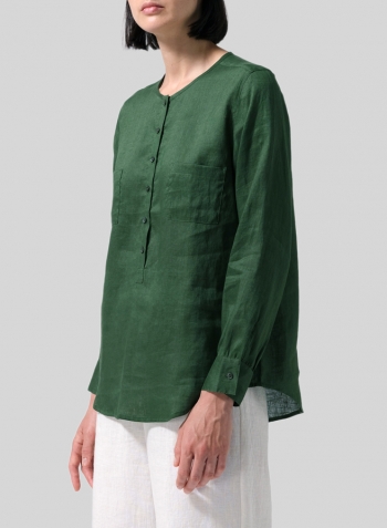 Grass Green Linen Round Neck Long Sleeve Shirt