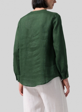 Grass Green Linen Round Neck Long Sleeve Shirt