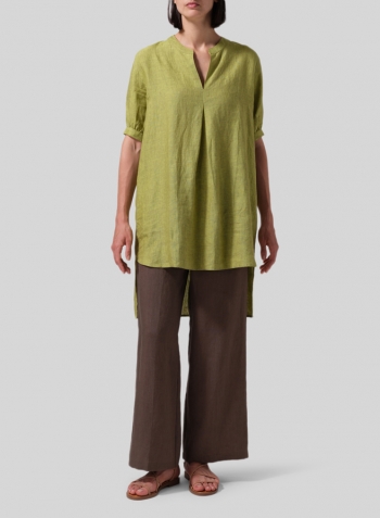 Linen Mandarin Collar A Shape Blouse Set