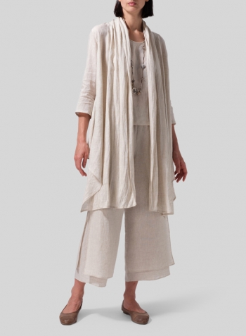 Oat Linen Long Shawl-Collar Over Jacket Set