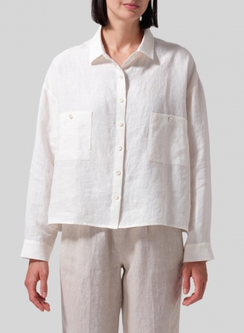 White Linen Sloped Shoulder Wide Boxes with Collar Cropped Shirt