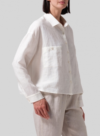 White Linen Sloped Shoulder Wide Boxes with Collar Cropped Shirt