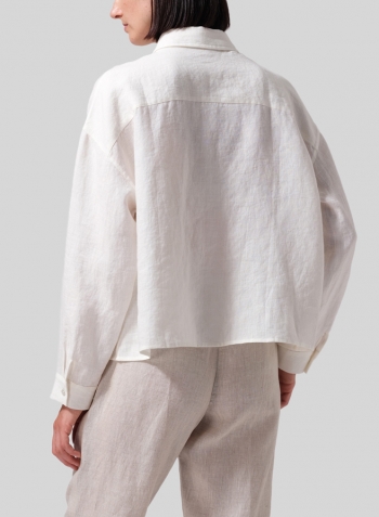 White Linen Sloped Shoulder Wide Boxes with Collar Cropped Shirt