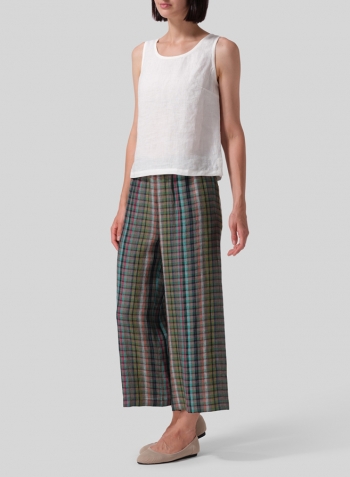 Multi Green Check Linen Straight Ankle Pants