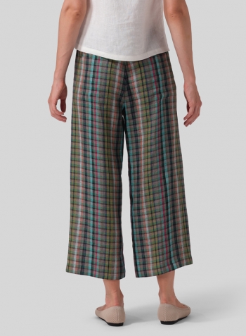 Multi Green Check Linen Straight Ankle Pants