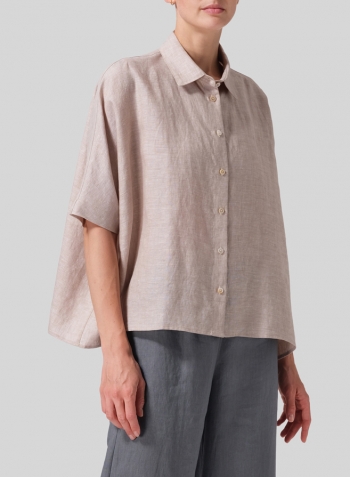 Two Tone Beige Linen Boxy Sleeves Shirt Set