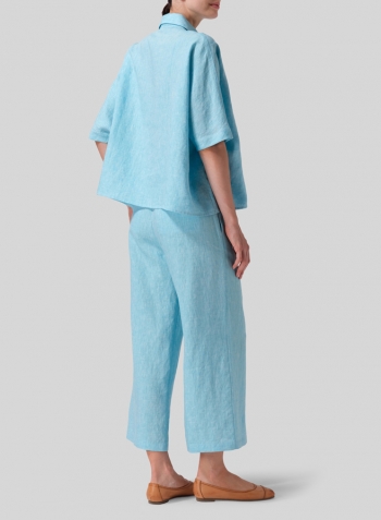 Aqua Blue Linen Boxy Sleeves Shirt Set